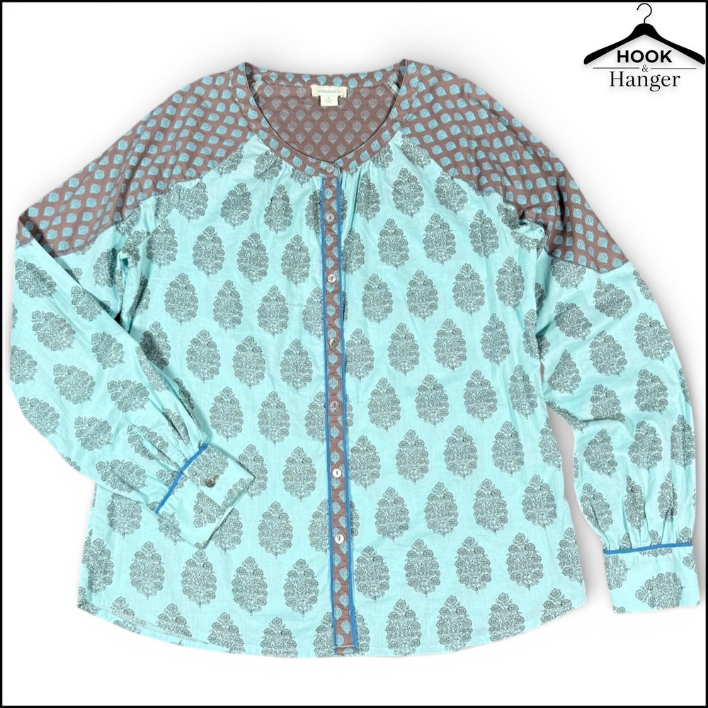Sundance Stories To Be Told Boho Mixed Print Button Down Peasant Top M Blue Teal - Picture 2 of 8